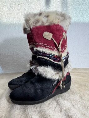 Tecnica Vintage Fur Suede Apres Ski Boots Black Red Women EU 39 Size 8.5